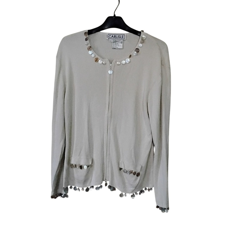 Carlisle Silk Cotton Zip Cardigan Sweater Beige Shell Disc Trim Large